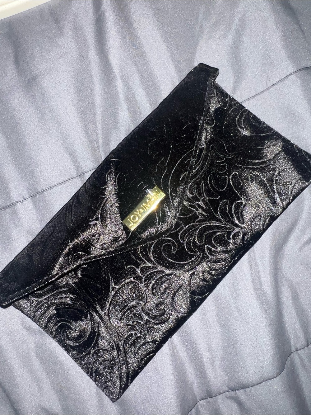 Black Velvet Embossed Mini Clutch with Gold Plate